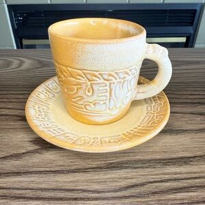 Vtg Frankoma Cup & Saucer Set-Desert Gold-Mayan Design
